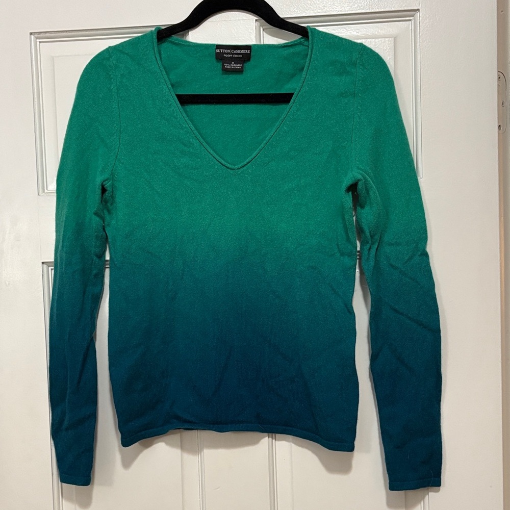Sutton Studio Women’s 100% Cashmere V-Neck Sweater – Green to Blue Ombré, Size M